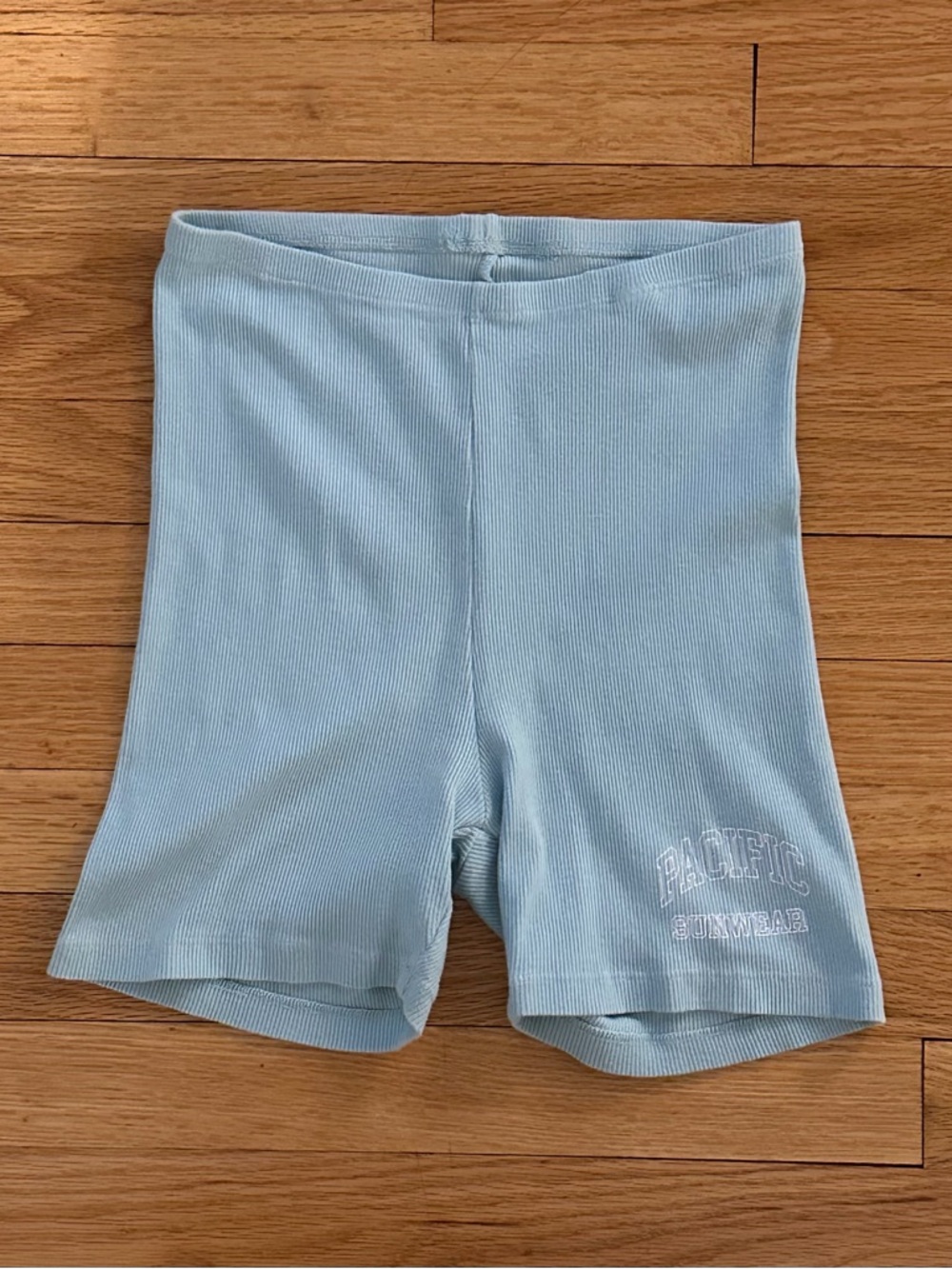 Light Blue Ribbed Pacsun Biker Shorts with 'PACIFIC' Embroidery